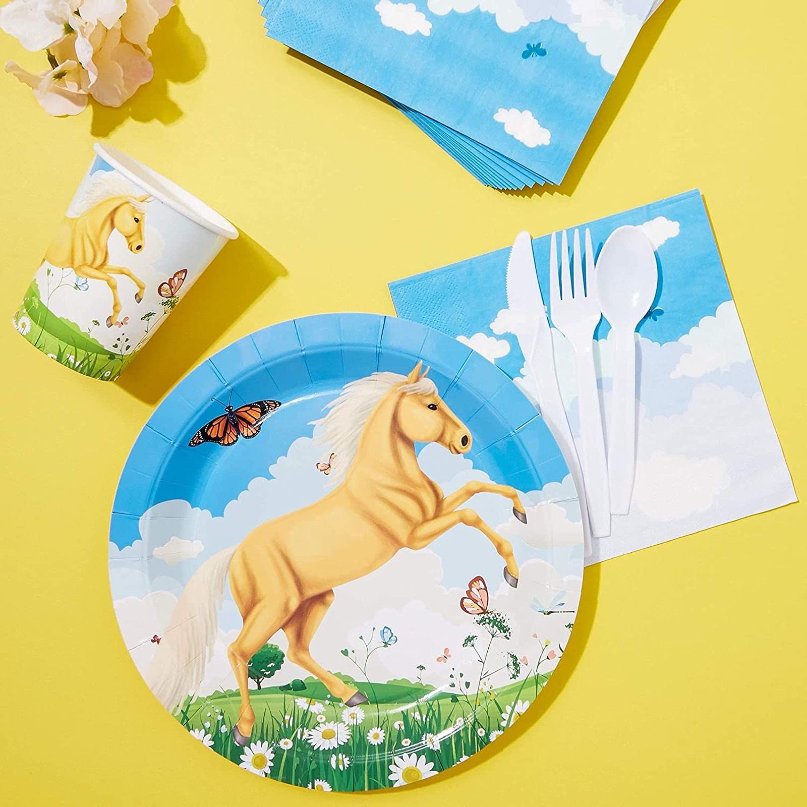 Juvale Horse Birthday Party Supplies, Paper Plates, Napkins, Cups, Cutlery (Serves 24, 144 Pieces)