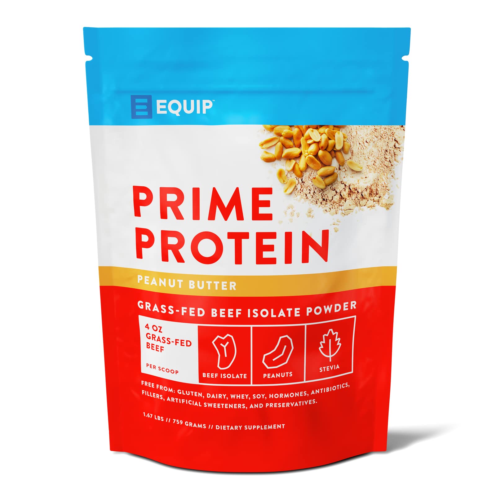 Equip Foods Prime Protein Powder | Clean, Grass Fed Beef Protein Powder for Women & Men | Carnivore Protein Isolate | Paleo, Keto Friendly | Gluten & Dairy Free | 30 Servings, Peanut Butter