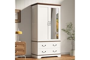LIKIMIO Armoire Wardrobe Closet with Mirror, 70.1" Wooden Clothing Storage Cabinet with 2 Doors & 2 Drawers, Modern Bedroom Freestanding Wardrobe Combination with Hanging Rod, Cherry with White