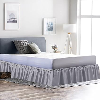 Rajlinen Ruffle/Gathering Bed Skirt Genuine Poly Cotton Bed Wrap with Platform - Easy Fit Gathered Style 3 Sided Coverage. (Cal King-12 Drop, Light Grey)