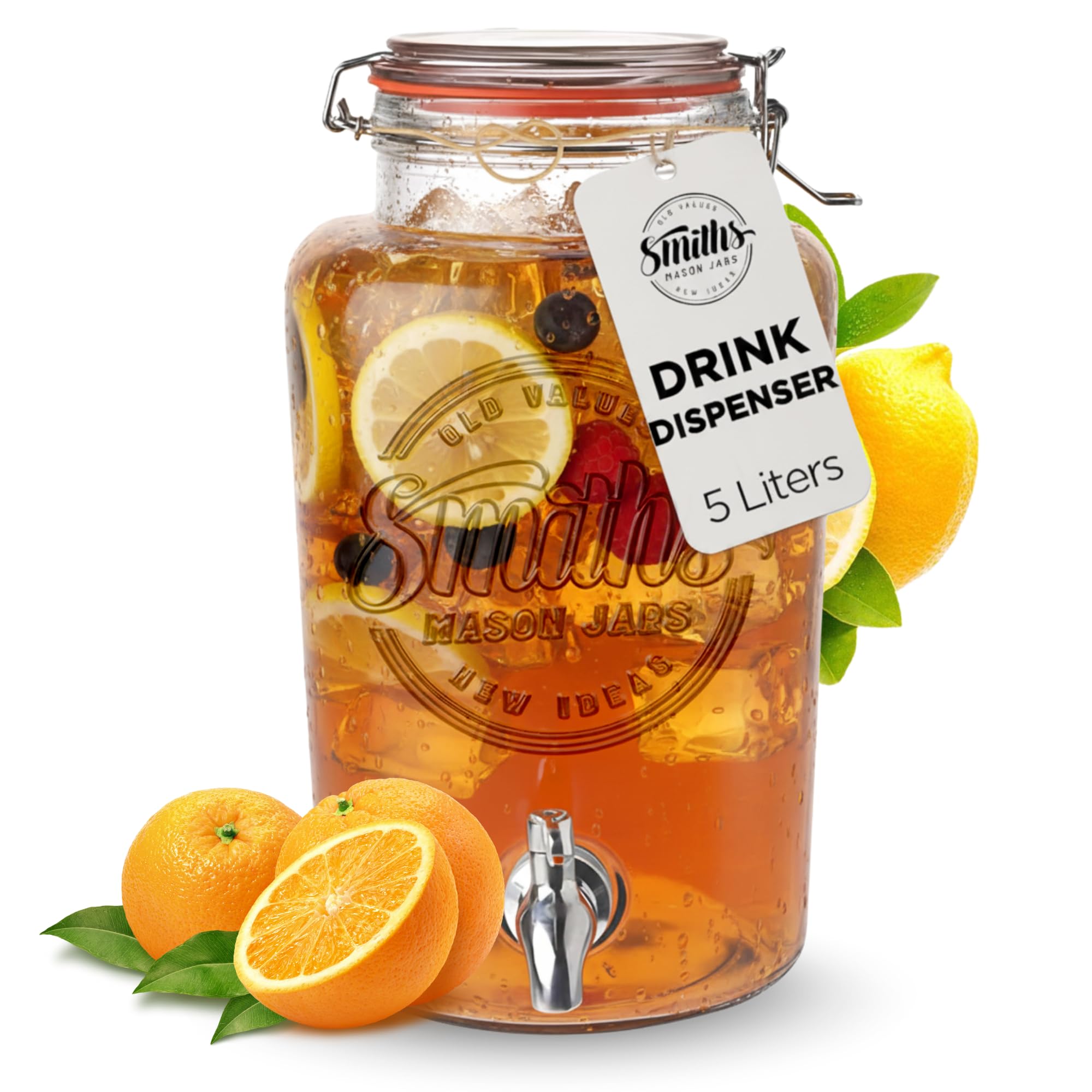 Smith's Mason Jars 5 Liter Glass Drinks Dispenser with Stainless Tap Spigot | Punch Dispenser | Drink Pitcher with Spout | Ideal for Outdoor Picnic BBQ Parties and More (Without Stand)
