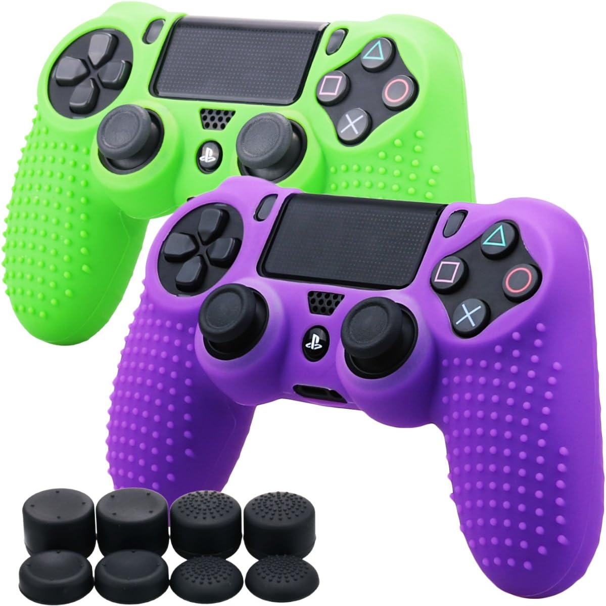 MXRC Silicone Rubber Cover Skin Case X 2 Anti-Slip Studded Dots Customize for PS4/SLIM/PRO Controller x 1(Green & Purple) + FPS PRO Stick Cover Thumb Grips x 8