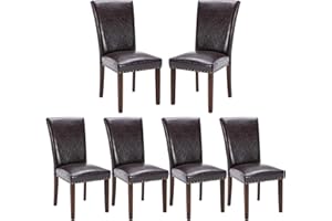 COLAMY Upholstered Parsons Dining Chairs Set of 6, PU Leather Dining Room Kitchen Side Chair with Nailhead Trim and Wood Legs - Dark Brown