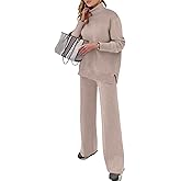 ANRABESS Womens 2 Piece Outfits Turtleneck Matching Lounge Set Sweater Top Wide Leg Pants Fall Cozy Knit Sweatsuit Loungewear