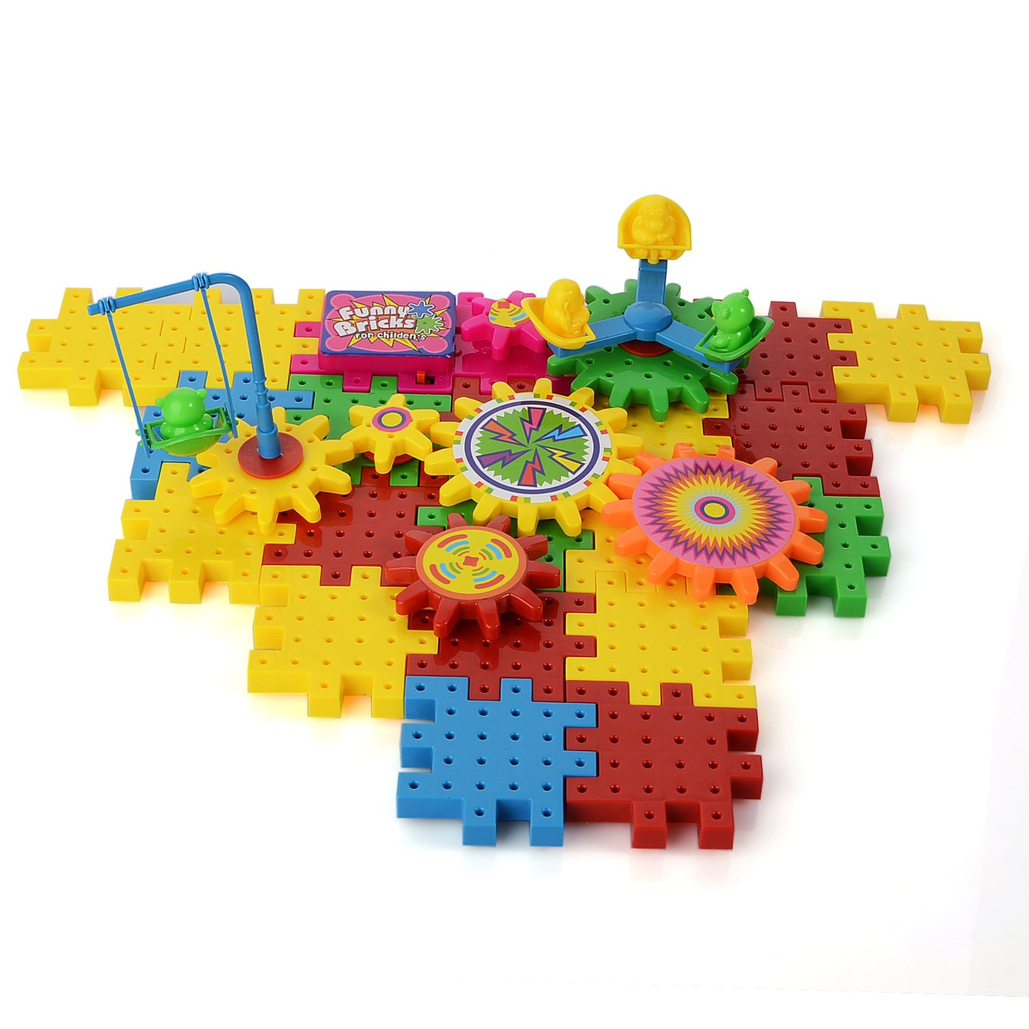 PovKeever Educational Gear Building Blocks Sets Toy Colorful Shapes Puzzle Electric Moving brick Interlocking Learning Blocks Motorized Spinning Gears Toys for Children Kids over 3 Years Old ,81 PCS