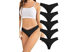 VOENXE Seamless Women Underwear Thongs,Low Rise No Show Ladies Panties,Breathable Comfortable Undies,V Waist Cut Tanga,5-Pack