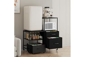 CXQ Mini Fridge Stand with Rolling Basket Cart, 300 lb Load Capacity Storage Rack with 3 Drawers and Lockable Wheels – Rustic Brown and Black Cabinet with Fabric Drawers, Ideal for Dorms, Apartments, Home