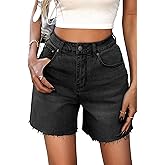 ELLEVEN Women's Raw Hem Jean Shorts, Wide Straight Leg Mom Denim Shorts