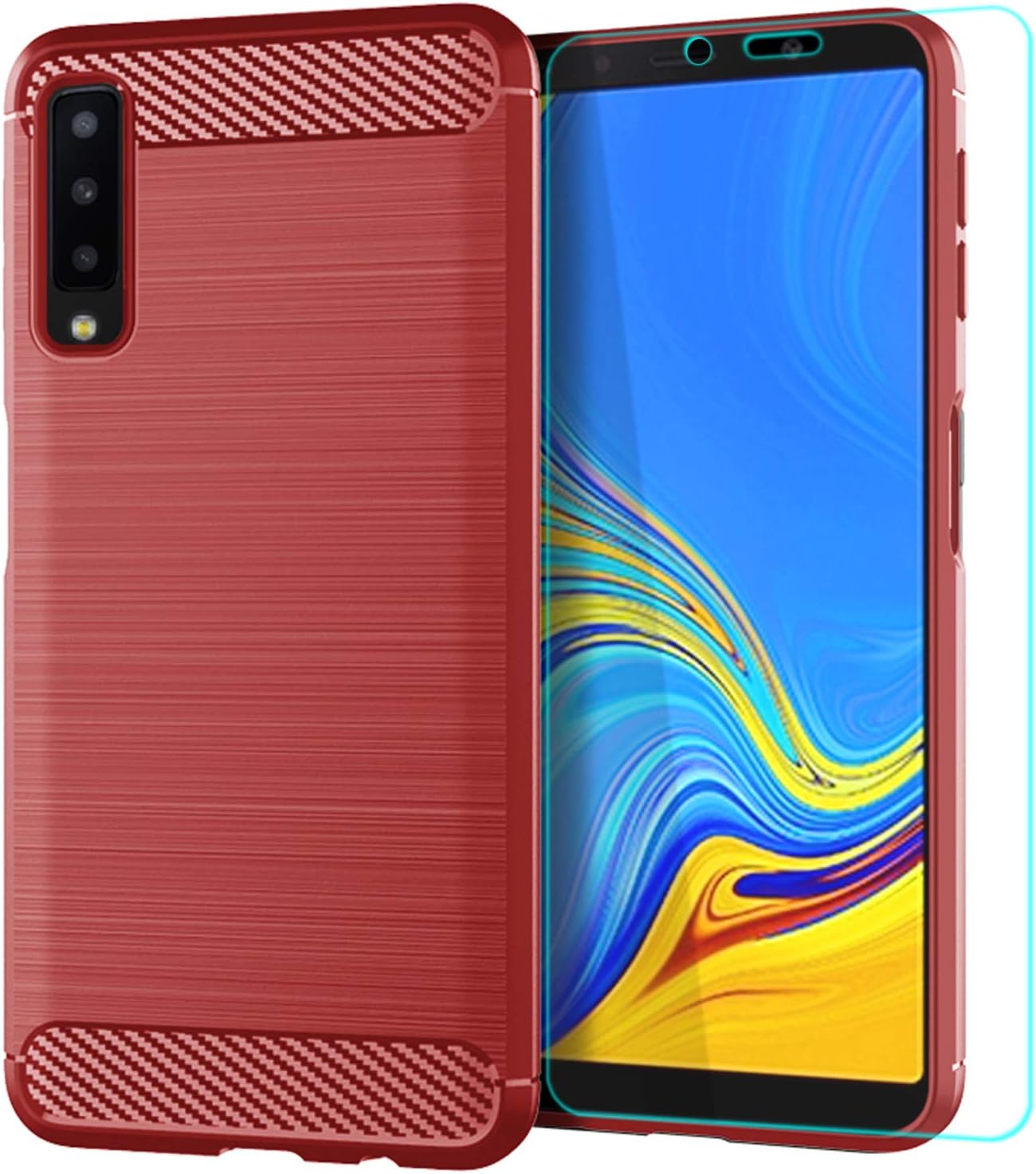 Galaxy A7 2018 Case with Screen Protector, Galaxy A7 2018 Case, A750 / A8 Plus 2018 Case,YYQUEEN Slim Carbon Fiber and Anti-Shock and Anti-Slip Cover for Samsung Galaxy A7 2018 (Red)