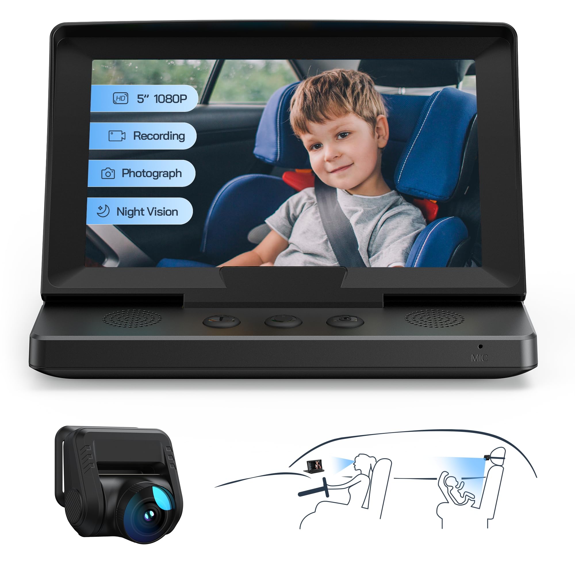 WOLFANG 1080P Baby Car Camera with 5” Screen, USB-C Plug and Play Easy Setup, Car Baby Monitor with Loop Recording, Photo Mode, Night Vision Camera, Wide Clear View for Backseat