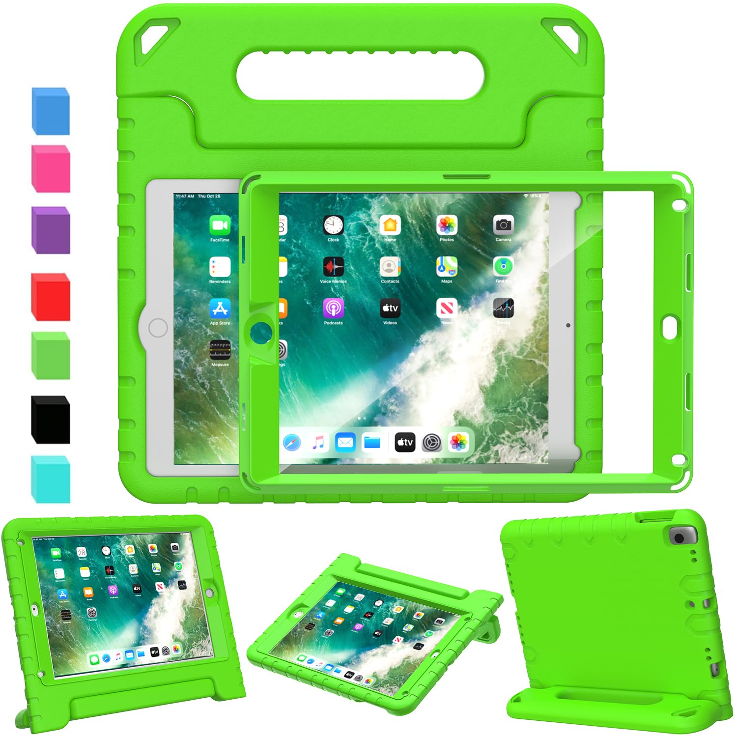 SINSO Kids Case for iPad 9.7 inch 6th Generation 2018/5th Generation 2017/iPad Air 2, Shockproof Lightweight ipad Cover Built in Screen Protector/Handle/Stand, Green