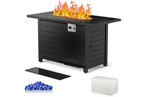 Xbeauty Fire Pit Propane Gas FirePit Table 43" Outdoor Fire Pit Rectangular Tabletop with Lid, Rain Cover, for Outside Garden Backyard Deck Patio
