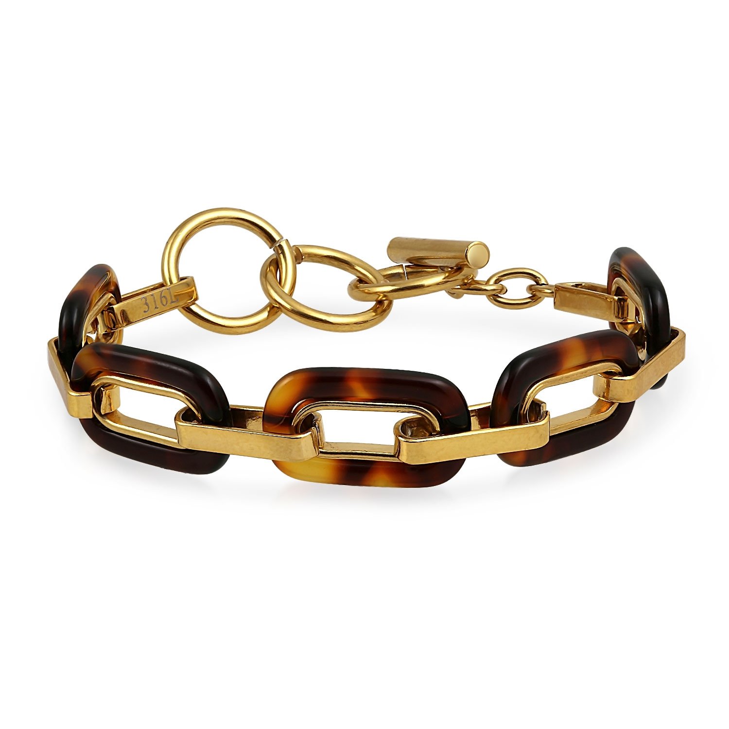 Bling Jewelry Fashion Statement Brown Golden Acrylic Marbled Leopard Tortoise Shell Oval Chain Link Bracelet For Women Teen Yellow Gold Plated Stainless Steel