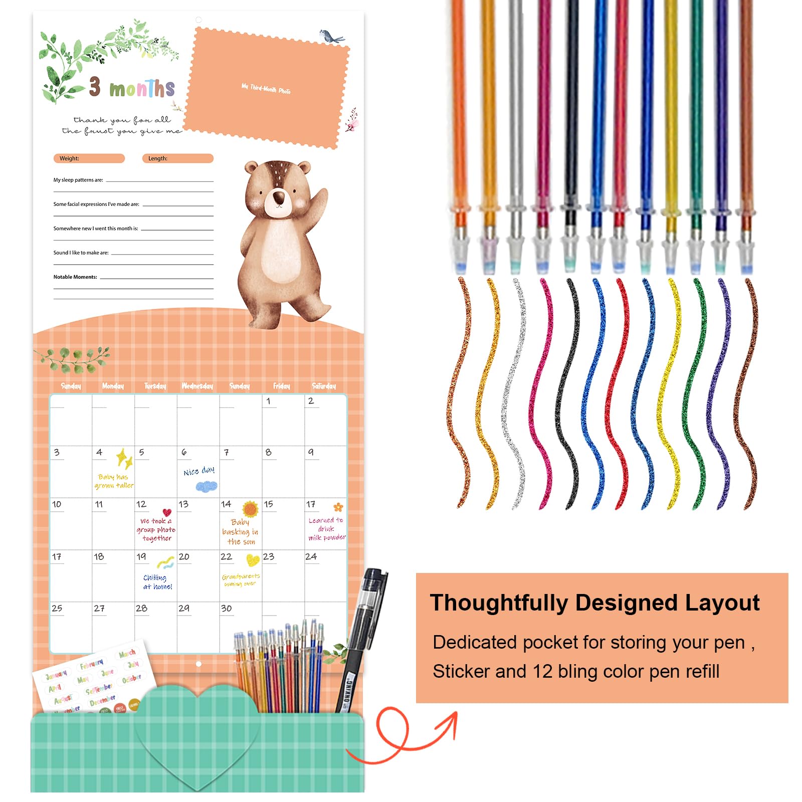 Baby's First Year Calendar with Stickers by Bright Day - 1st Year Tracker - Baby Memory Book for Girls to Document and Cherish Baby First Year Milestones,- Milestone Keepsake for Baby Boy with Pocket