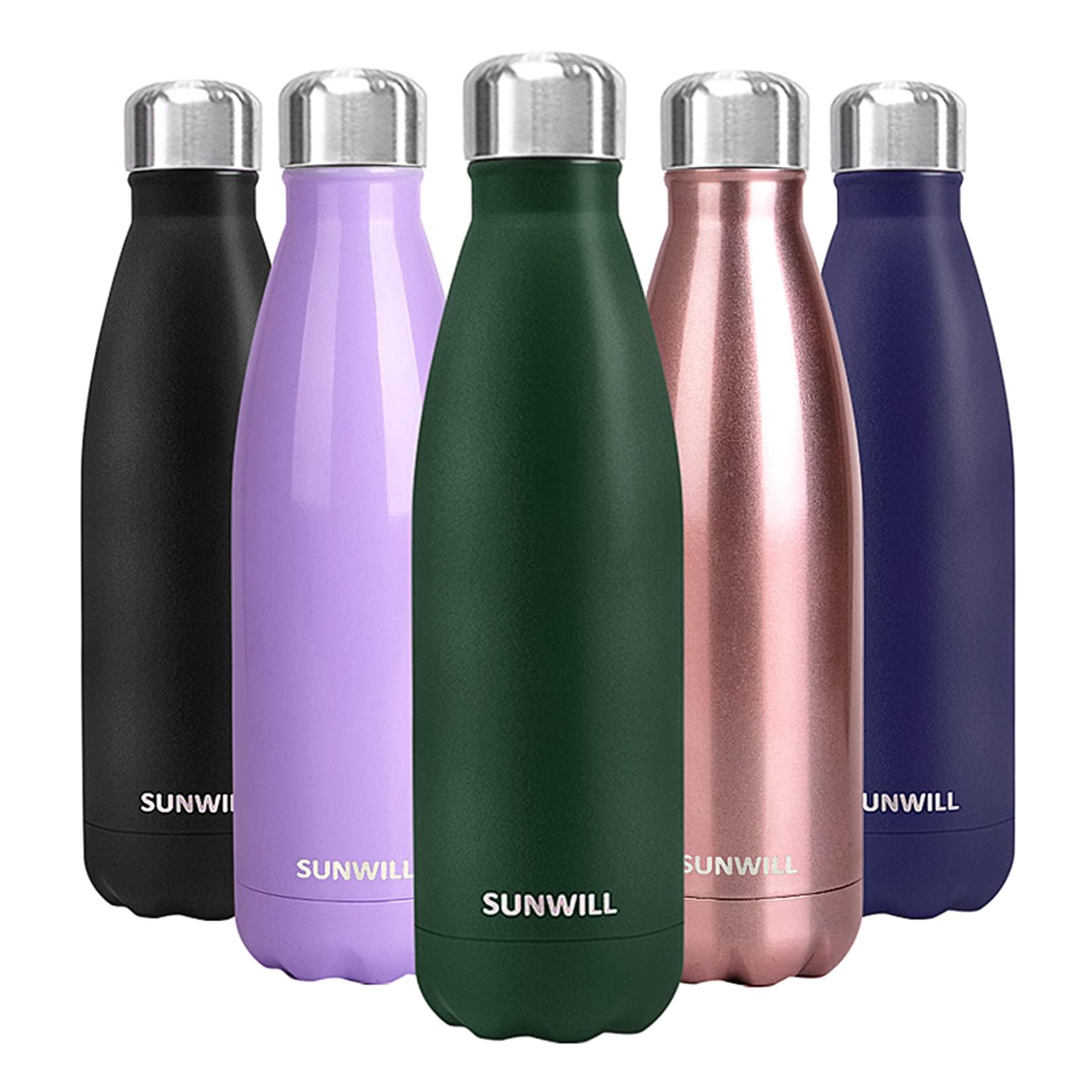 SUNWILL Metal Water Bottle Stainless Steel 500ml, Insulated Reusable Thermal Flask for Cold and Hot Drink, Travel, Sports, Gym, Powder Coated Green