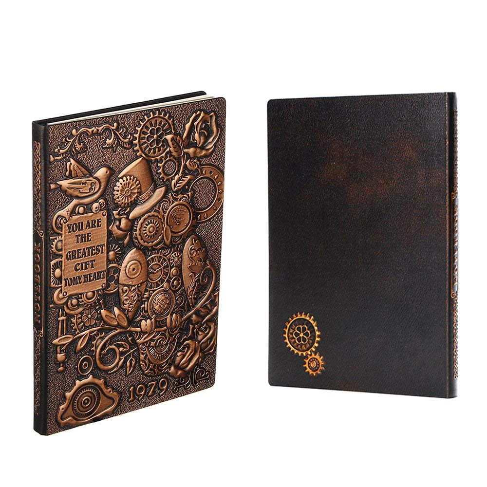 XUAN Vintage Leather A5 Notebook Lined, Travel Journal Hardcover Diary, Embossed, 200 Pages, Anniversary Birthday Gift for Men Women Dad 3D Owl Copper
