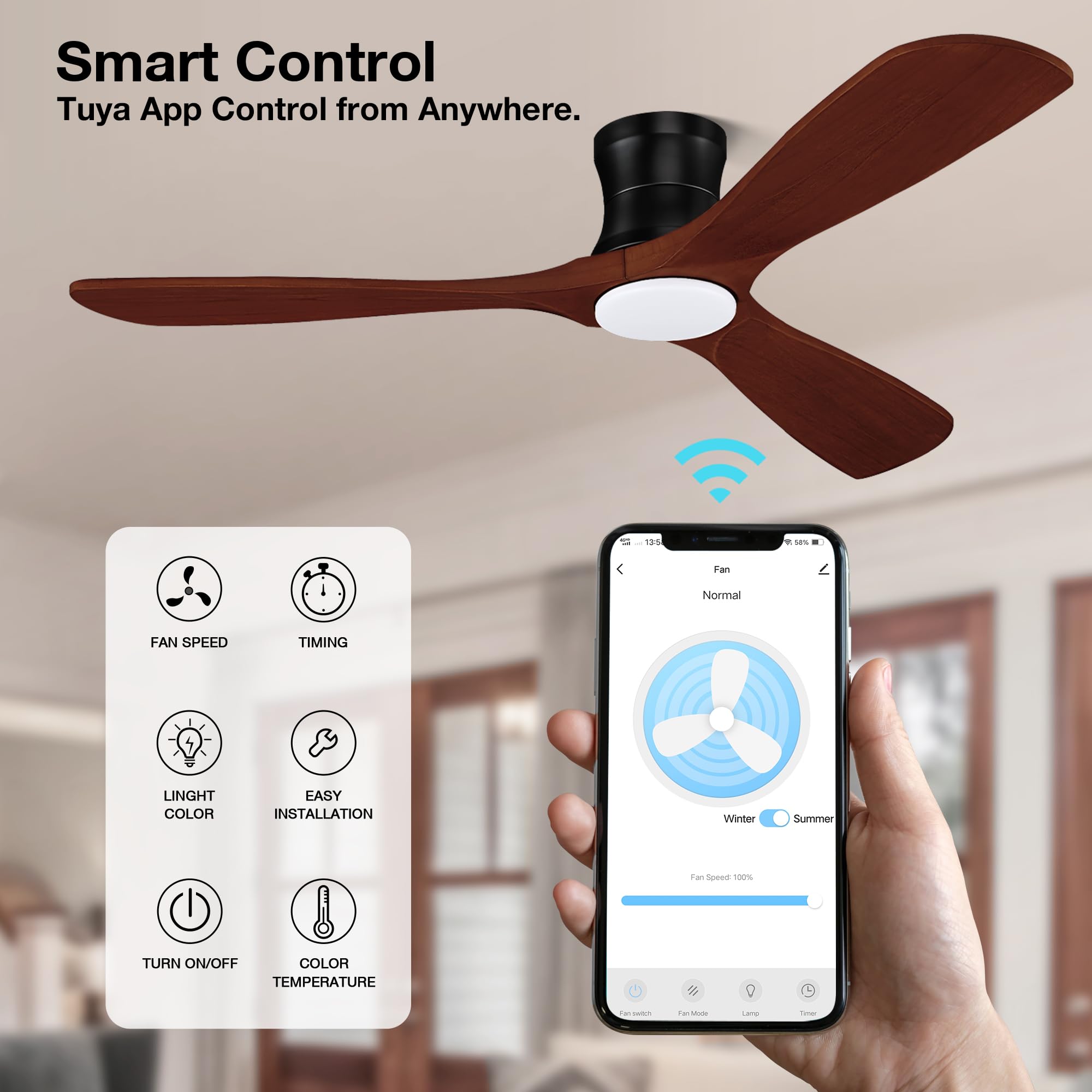 Hoenofly 52” Smart Wood Flush Mount Ceiling Fans with Lights Remote,Quiet DC Motor,Outdoor Indoor Low Profile Ceiling Fan,Voice WIFI Alexa App Control,Dimmable,6-speed,for Modern Bedroom Patio