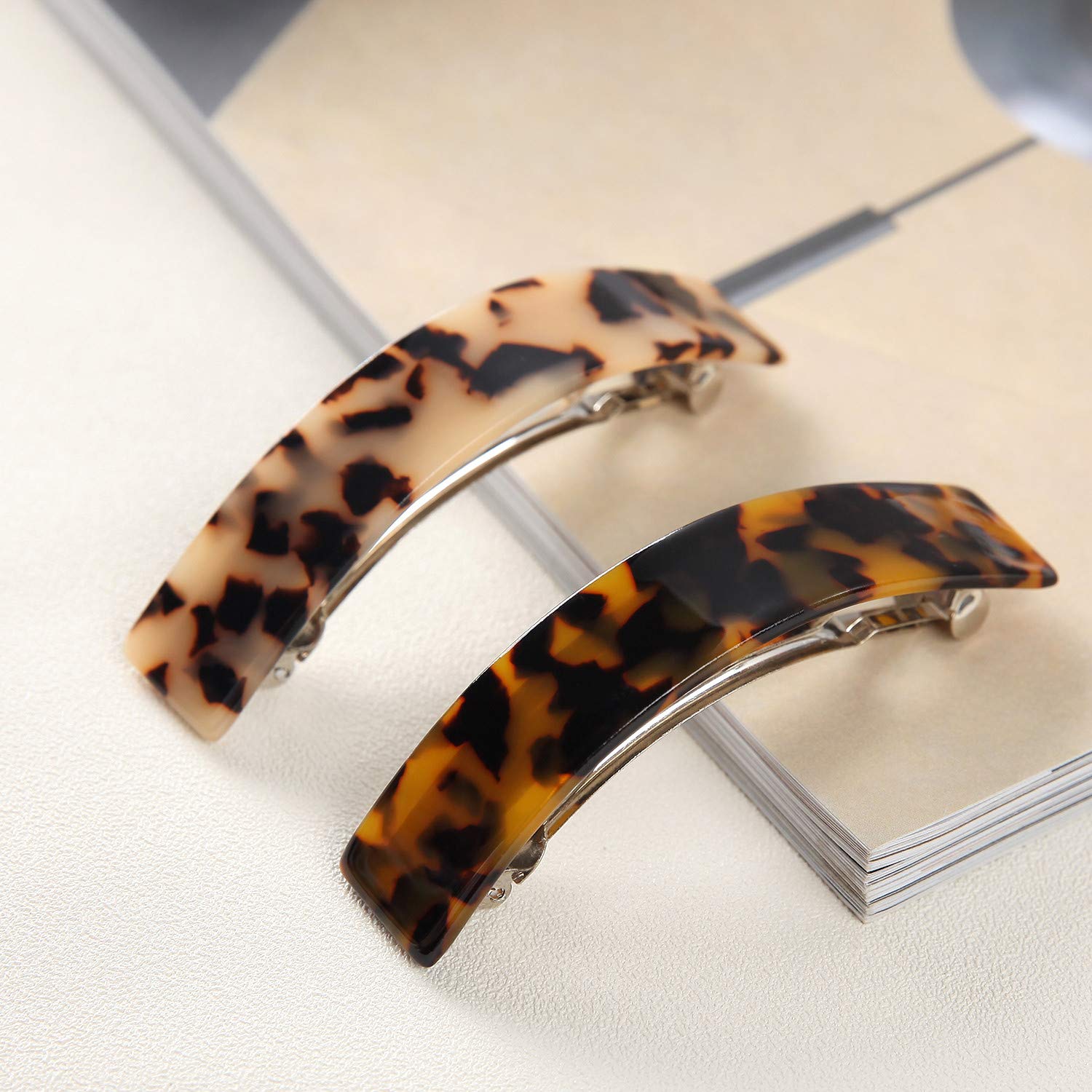 French Style Curved Rectangle Volume Barrette Tortoise Shell Hair Clips Barrettes Automatic Clasp For Thick Hair, 2 Pack : Beauty