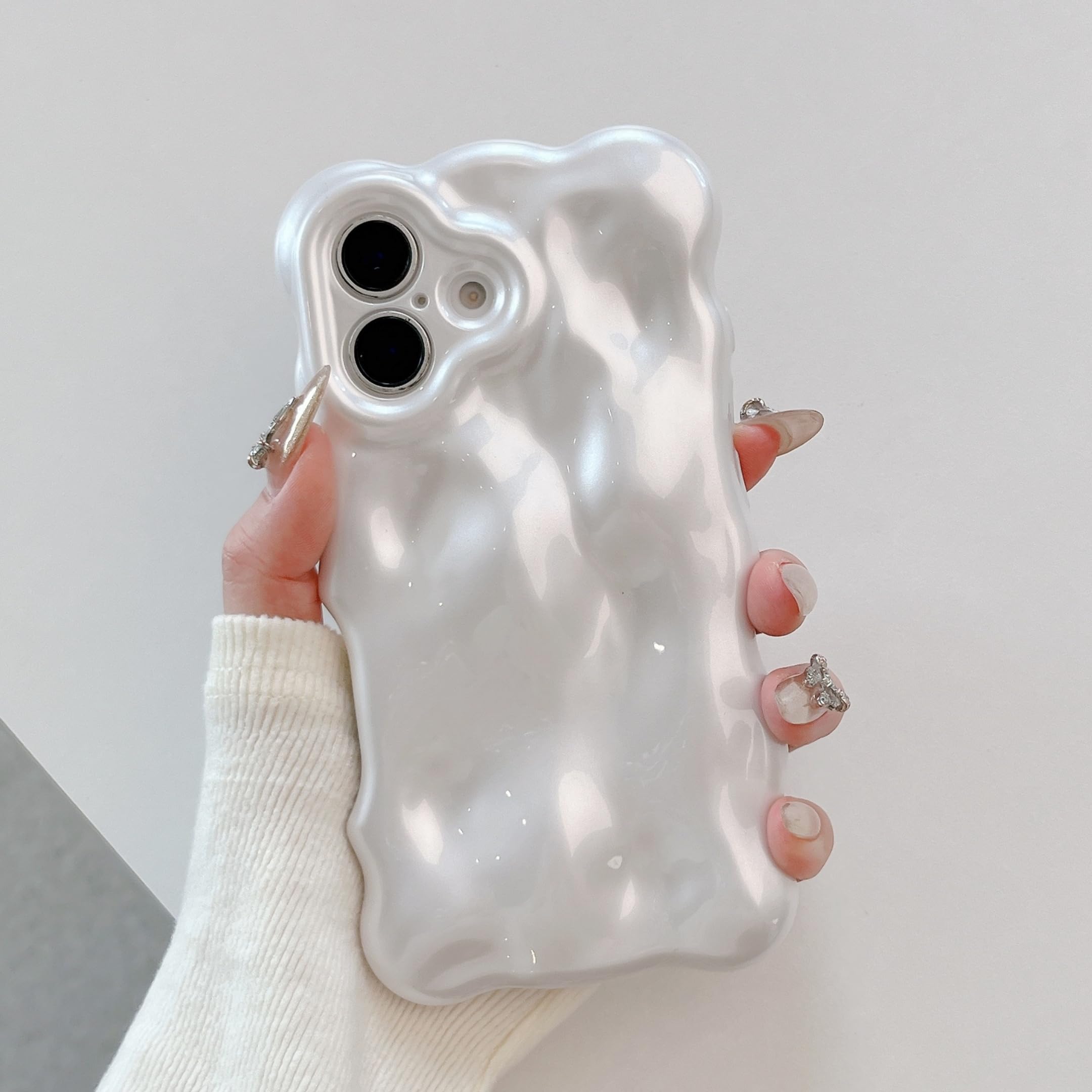 UEEBAI Case for iPhone 16 Plus, Cute Solid Color Curly Wave Shape Shockproof Soft TPU Bumper Phone Case, Candy Water Ripple 3D Silicone Slim Pretty Case Non-yellowing Cover-Pearl White