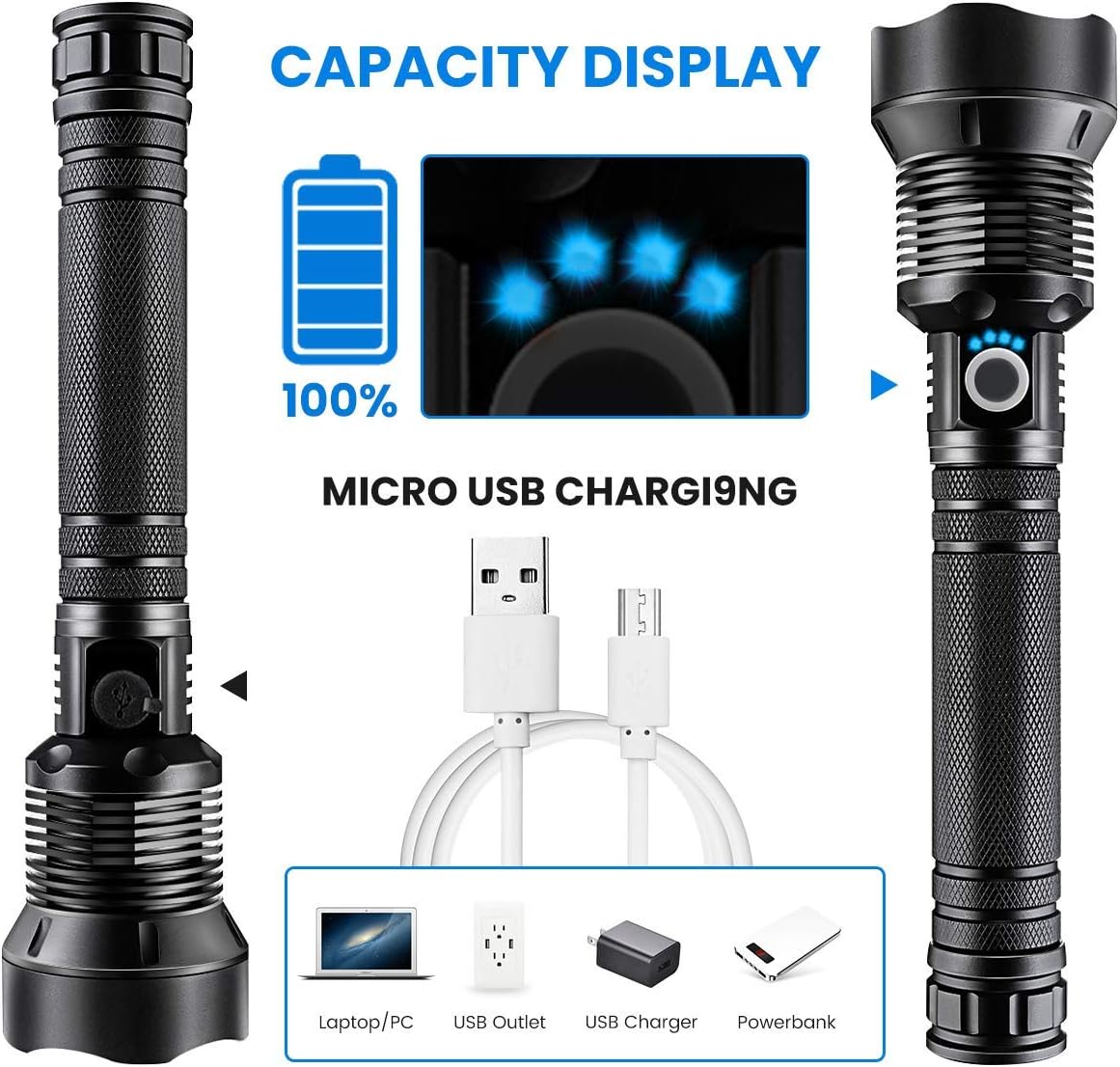 LED Flashlight, 90000 Lumens, Zoomable & Most Powerful Torch with 26650 Battery & USB Rechargeable, 3 Modes Searchlight for Outdoor or Home Emergency (P70 - Black) - - 