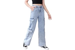 SweatyRocks Girl's Casual Elastic Waist Zip Up Denim Pants Straight Leg Cargo Jeans with Pocket