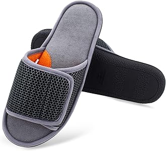 WALKFUNAdjustable House Slippers for Men Open Toe Breathable Indoor Slip on Mens Slides Sandals with Memory Foam for Bedroom,Patio