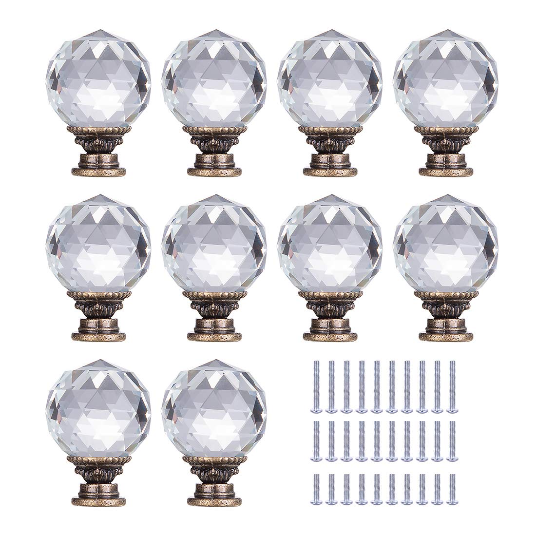 C&Z 10pcs 30mm Ancient Bronze Crystal Knobs Cupboard Cabinet Handle Drawer Pull with Screw for Kitchen Office Chest Dresser Bathroom Bedroom Wardrobe Shiny Facet Ball Clear