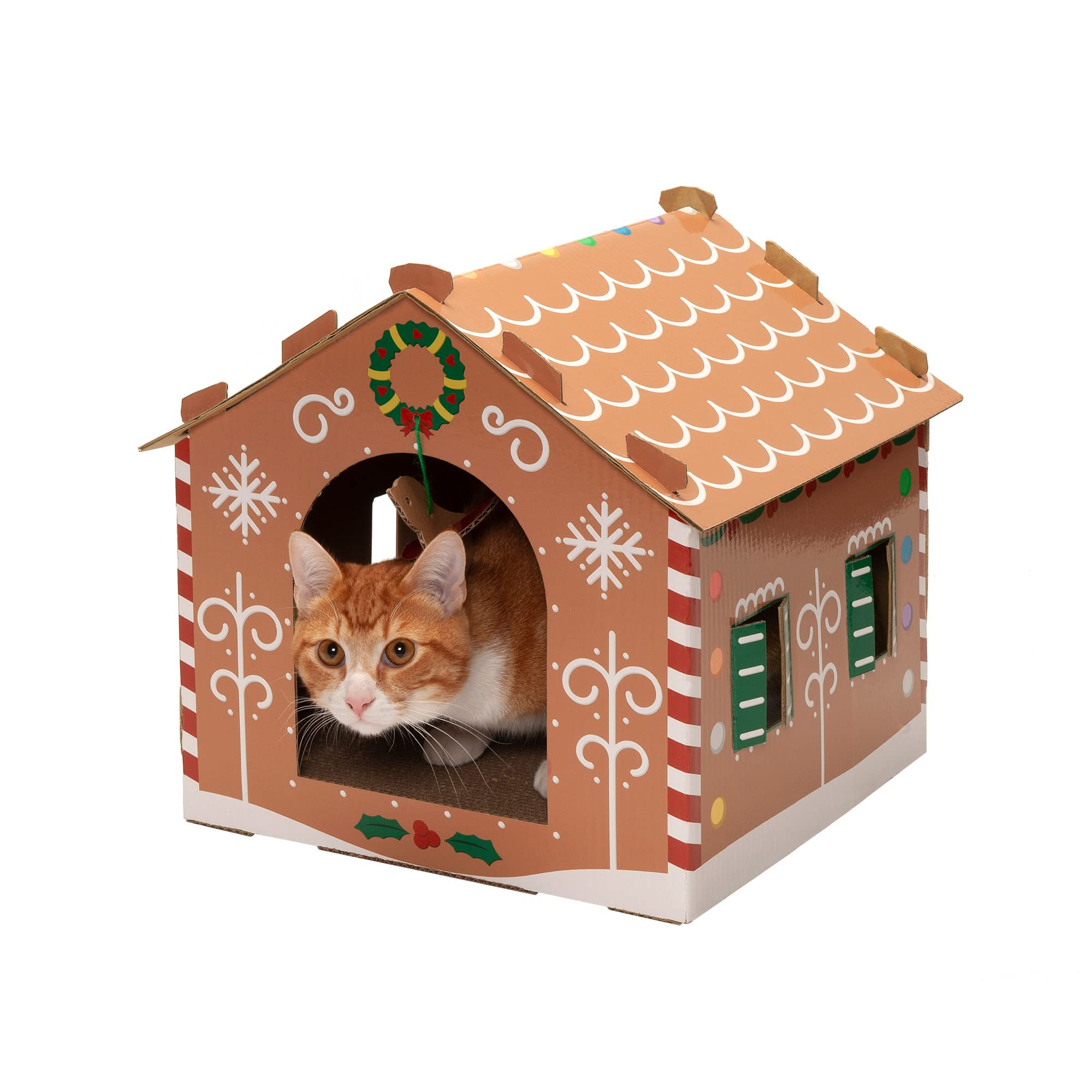 Furhaven Cardboard Cat House w/Catnip for Indoor Cats, Ft. Scratching Pad & Hanging Toys - Decorated Gingerbread House Holiday Cat Scratcher Hideout - Christmas Print, One Size