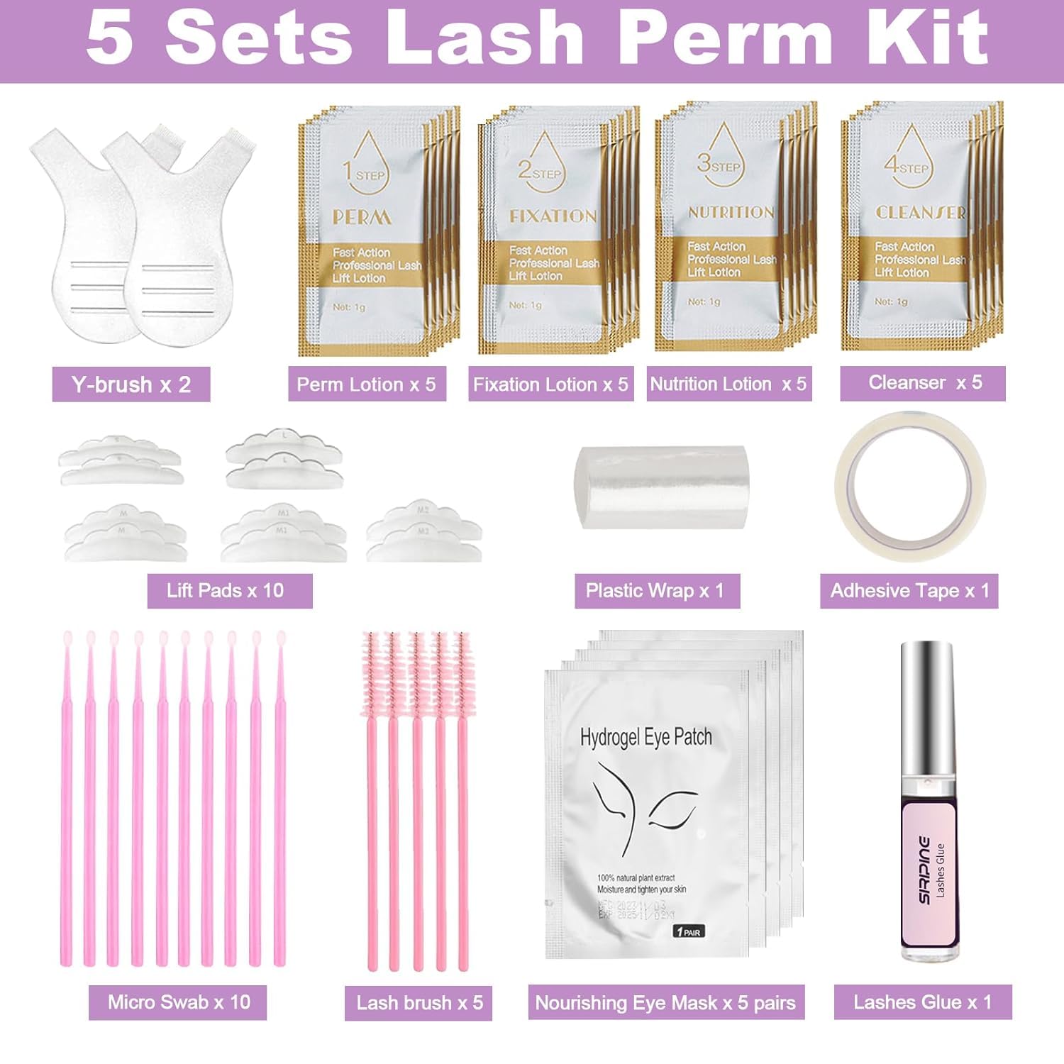 Lash Lift Kit, Eyelash Perm Kit, 5 Sets Lash Perm Kit Eyelash Lift Kit, Eyebrow Lamination Easy for Beginner, Professional Eyelash Curling Lash Extension Set, Home Achieve Semi-Permanent Curling