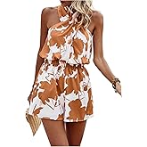 SweatyRocks Women's Boho Floral Print Halter Romper Sleeveless Criss Cross Front Short Jumpsuit
