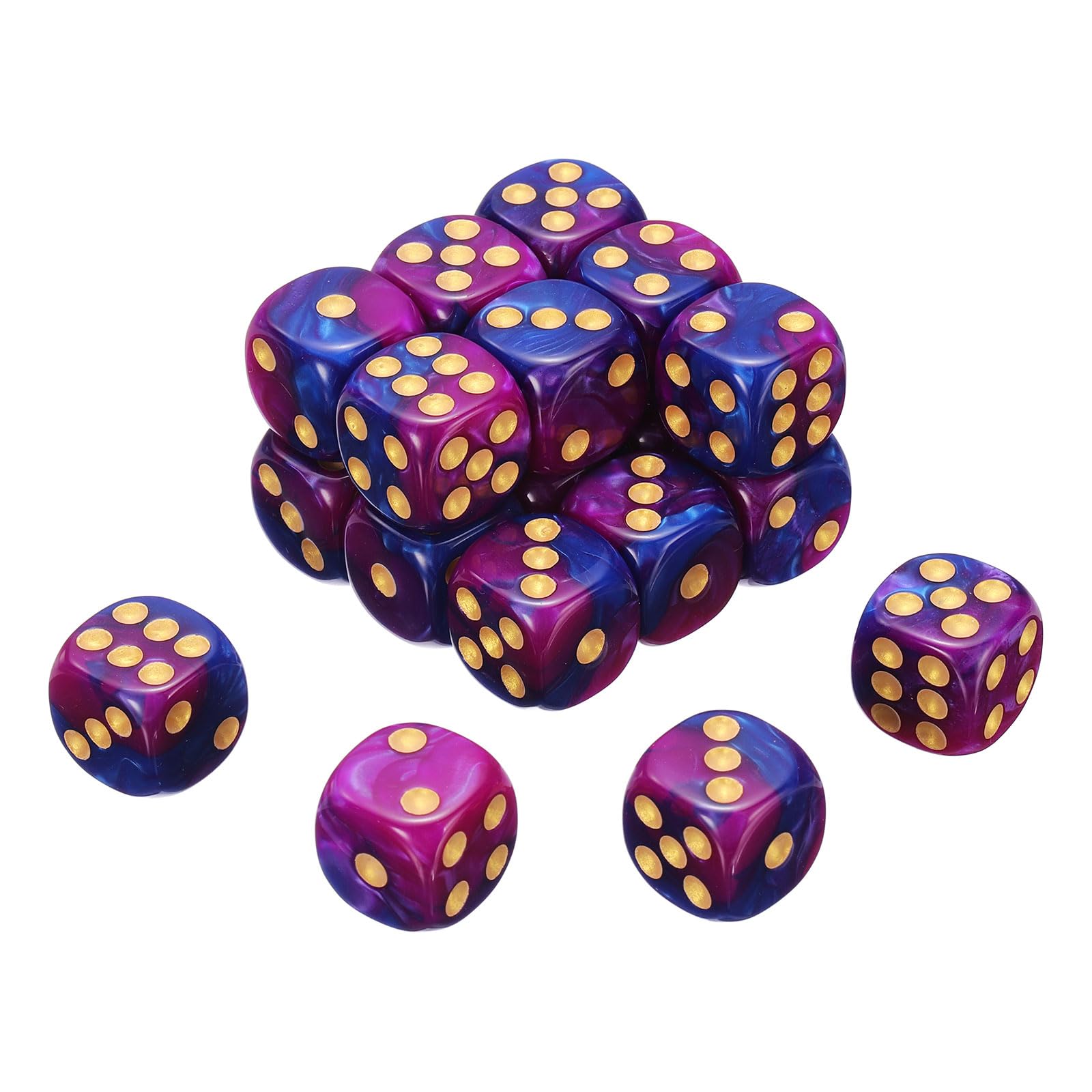 sourcing map 24Pcs 6 Sided Colored Standard Dice, 16mm Acrylic D6 Mini Polyhedral Pearl Pattern Two Tone Colors Game Dice Set for Table Games, Purple/Blue, Gold Point