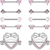 AceFun 5 Pairs 14G Nipple Rings Stainless Steel Heart Butterfly Bow Opal Flower CZ Stud Barbell Set Cute Nipplerings Shields Piercing Jewelry for Women Pink Blue Red Tone Body Jewelry