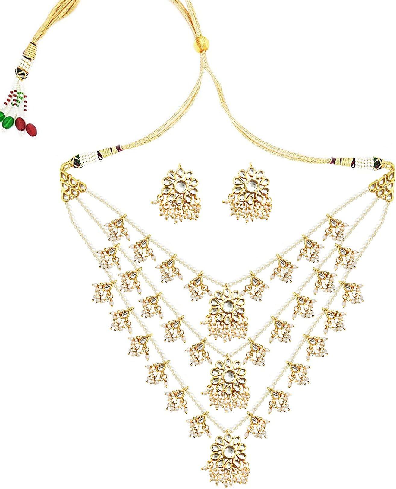 Rajwada Rani HAAR Teen Lada kundan & Pearls Necklace & Earrings Set for Women (JWL2390)