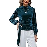 Yeokou Women Buckle Tie Velvet Top Stand Collar Belted Long Sleeve Elegant Fall Vintage Dressy Blouse