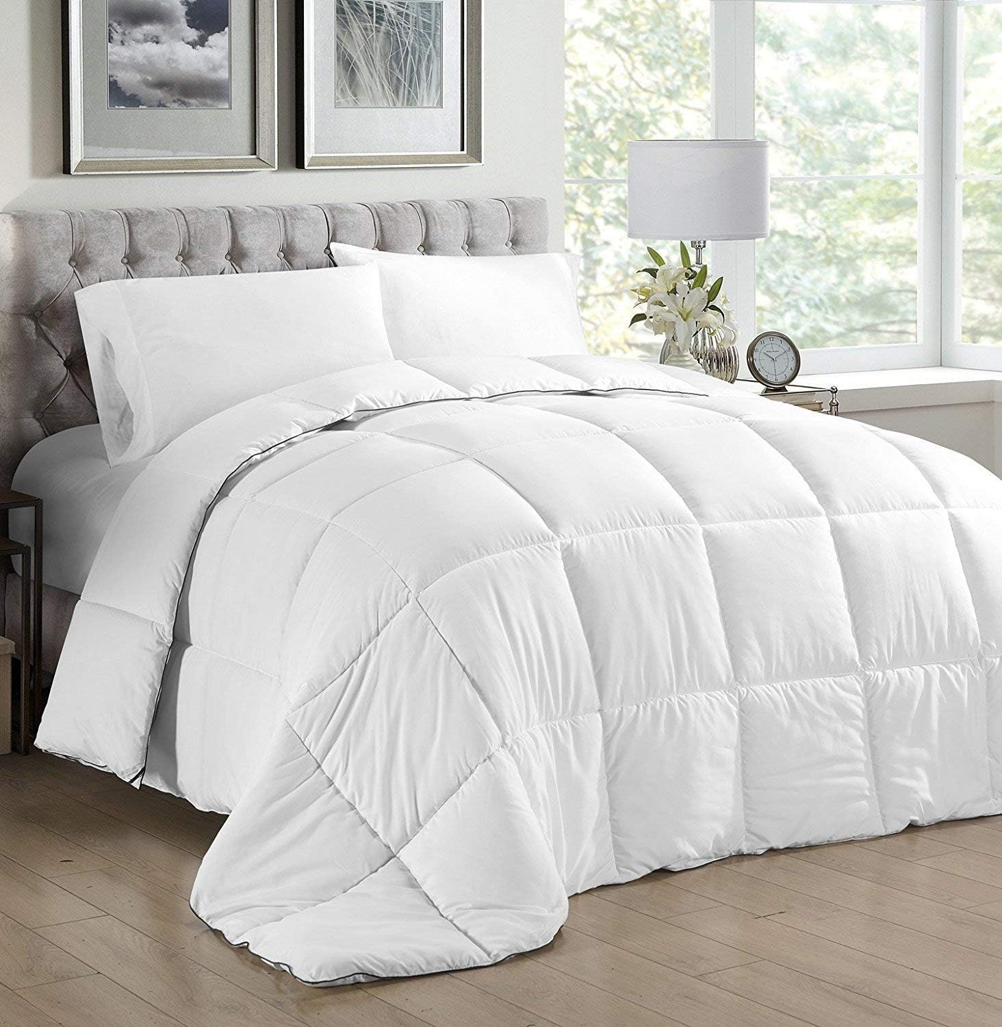 New Comforter Duvet Insert White Quilted Comforter with Corner Tabs,Plush Siliconized Fiberfill,Box Stitched Down Alternative Comforter WHITE DOWN REGULAR WITH COLOR PIPE (Queen 88-by-88 inch)