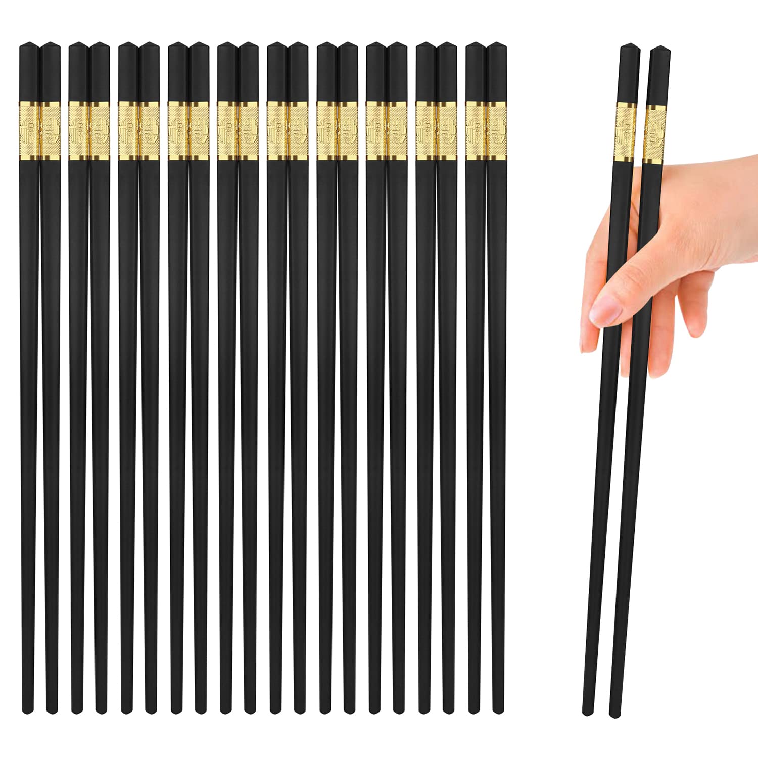 Photo 1 of 10 Pairs Non-Slip Fiberglass Chopsticks, Reusable Chopsticks Gift Set Dishwasher Safe, Easy to Use and Clean, Square Lightweight for Home Kitchen, Hotel, Restaurant Dining Tools, Black and Gold