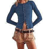 Womens Slim Fitted Cardigan Long Sleeve Y2K Ribbed Tops Button Down Shirts