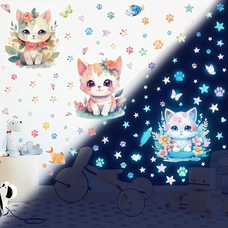 Tarklanda Glow in The Dark Stars Cat Butterfly Wall Decals Ceiling Set