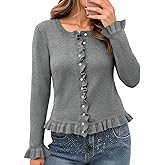 Saodimallsu Womens Ruffle Cardigan Sweaters Button Up Crew Neck Long Sleeve Cropped Sweater Cute Soft Knit Tops