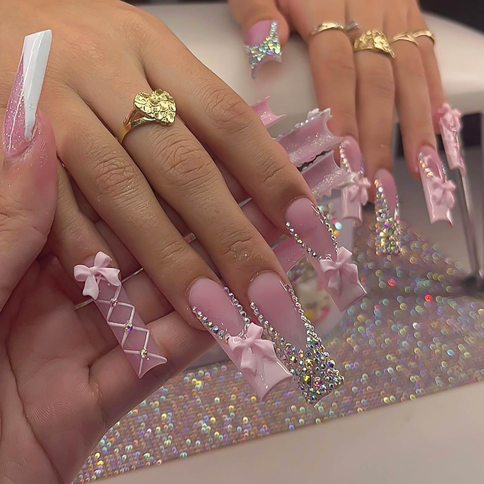 RUOKEXIN Long Square Press on Nails French Tip Fake Nails Pink False Nails with Bow Rhinestones Designs Long Square Nail Press ons Sparkly Glue on Nails Cute Stick on Nails for Women 24Pcs