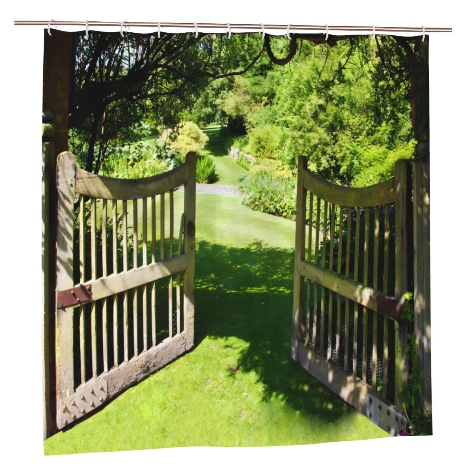 Newhomestyle Open Garden Wooden Fence Shower Curtain, Lawn Walkway Landscape Waterproof Polyester Fabric Bath Shower Curtain, Summer Bath Room Bathtub Curtain with 12 Hooks, 180X180cm — image 1