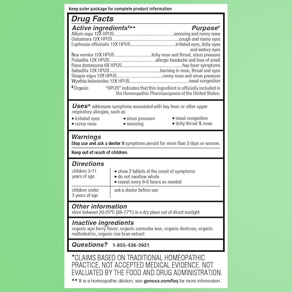 GENEXA KIDS ALLERGY CARE | DRUG FREE, NON-DROWSY CHILDREN’S ALLERGY & DECONGESTANT REMEDY | VEGAN & NON-GMO | HOMEOPATHIC RELIEF MADE CLEAN | ORGANIC ACAI BERRY FLAVOR | 60 CHEWABLE TABLETS AGES 3-11