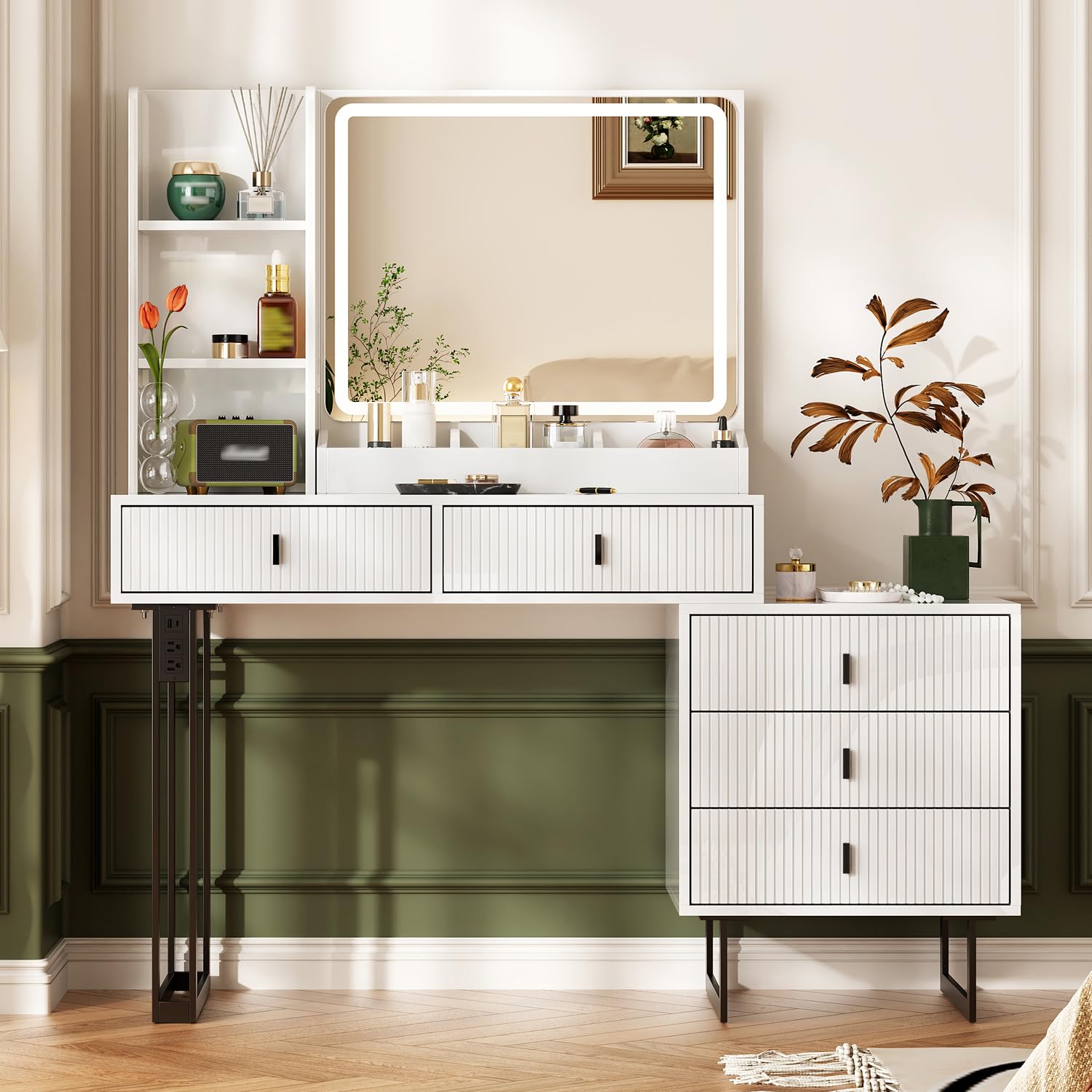 Photo 1 of Large Vanity Desk with 3 Color Touch Screen Dimming Mirror, Vanity Desk with Charging Station, Modern Retractable Makeup Dressing Table, Vanity Table With storage shelves and 5 Sliding Drawers, White