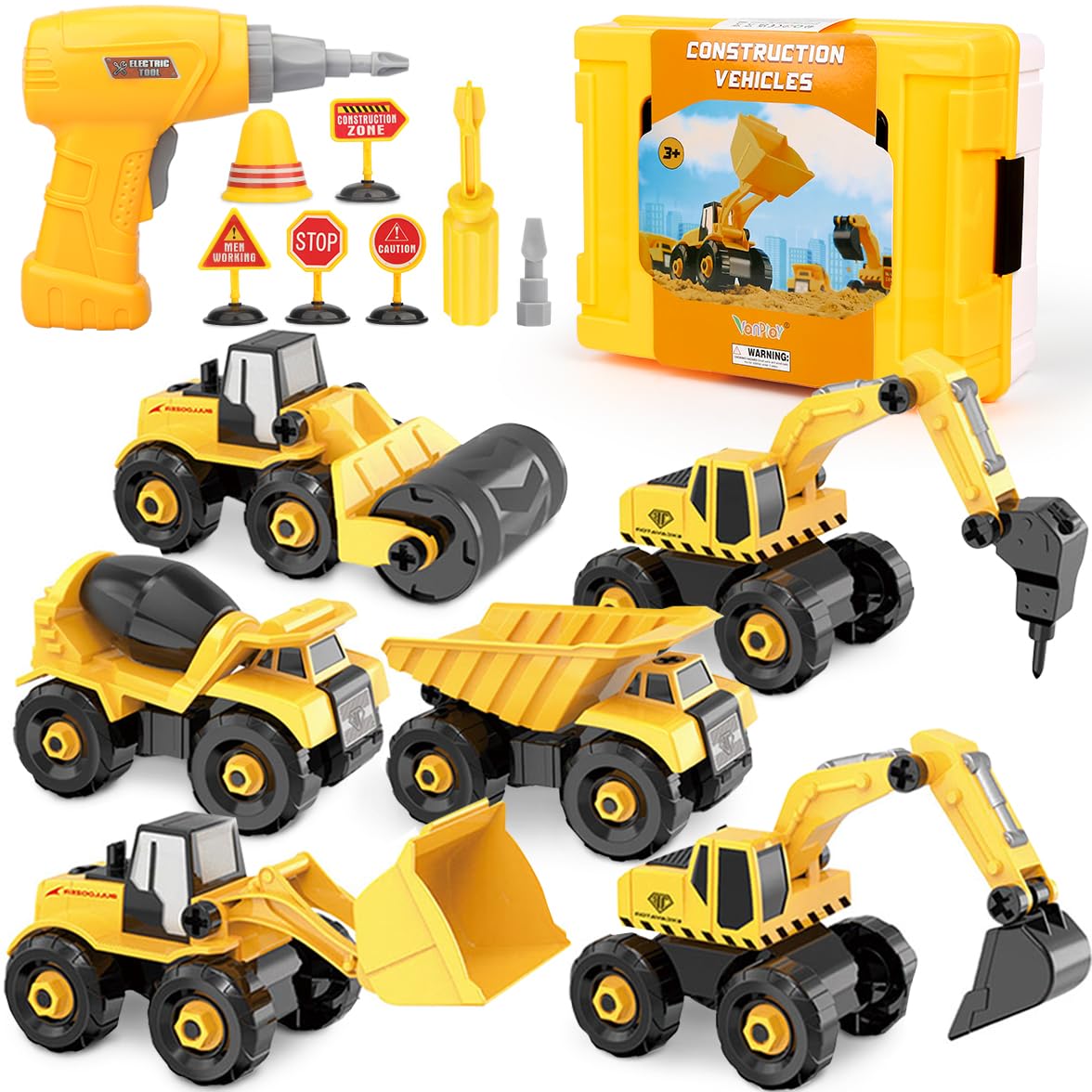 Vanplay 6 in 1 Take-Apart Construction Vehicles include Toy Drill & Box, Digger Excavators Truck Building STEM Learning Gift, Electric Drill Toy Set for Boys Girls 3 4 5 Years Old