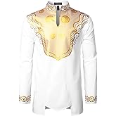 LucMatton Men's African Attire Dashiki Shiny Foil Printing Long Sleeve Slim Fit Lightweight Mandarin Collar Shirt