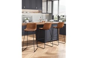 REONEY Bar Stools Set of 3, 30" Faux Leather Counter Height Stools, Modern Barstools with Metal Legs and Footrest, Urban Armless Counter Chairs with Back for Kitchen Island (Dark Brown)