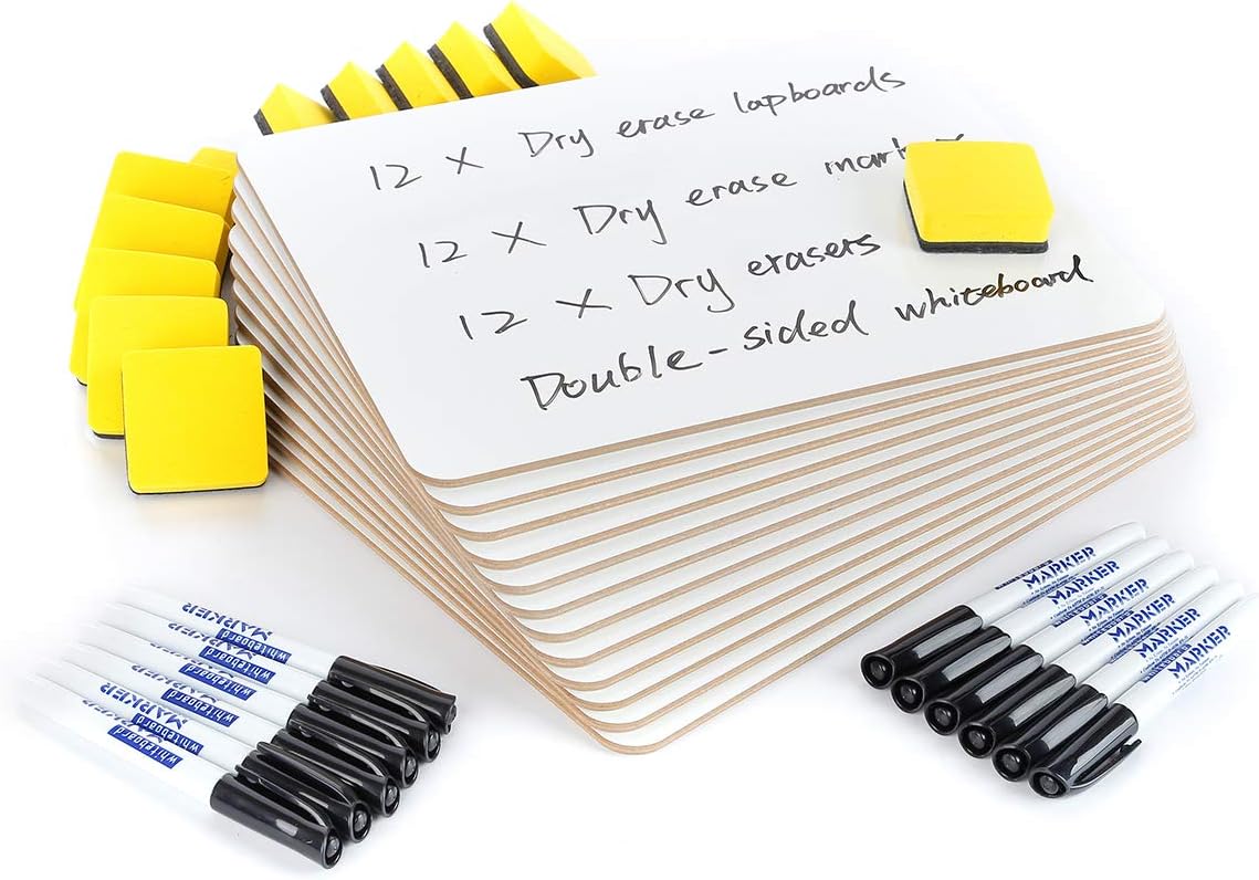 MAKELLO A4 Whiteboard Double Sided Dry Erase Lap Board, 12 Pack, 12 Dry Erasers, 12 Markers