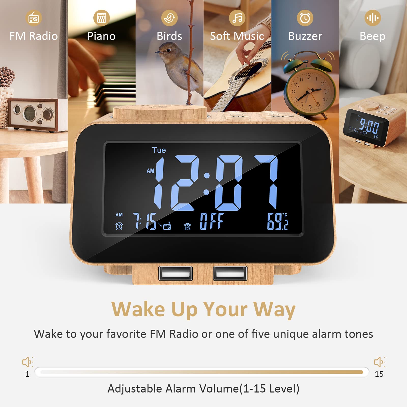 USCCE Digital Alarm Clock Radio - 0-100% Dimmer, Dual Alarm with Weekday/Weekend Mode, 6 Sounds Adjustable Volume, FM Radio w/Sleep Timer, 2 USB Charging Ports, Thermometer, Battery Backup(Wood Grain)