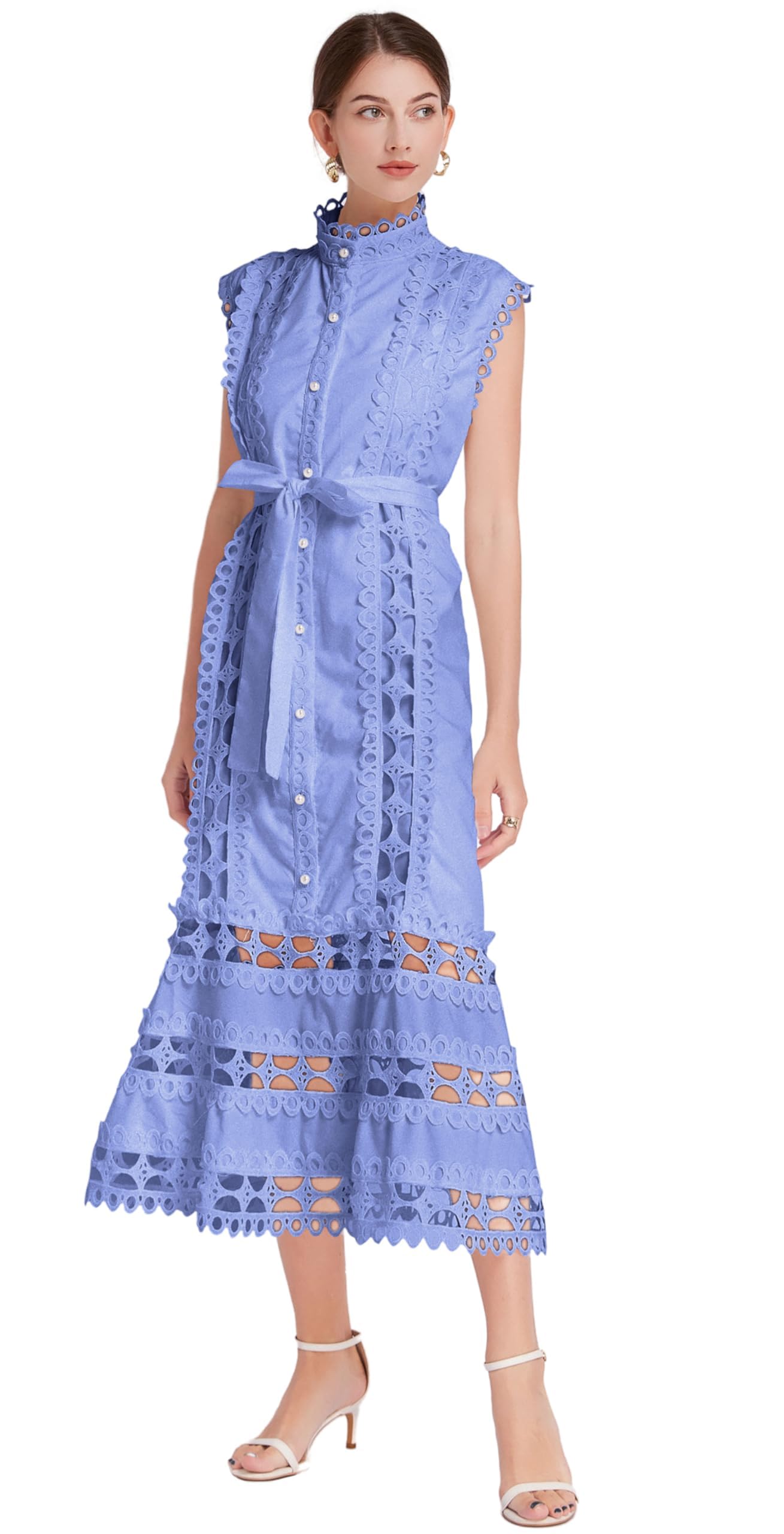 Photo 1 of (medium) LAI MENG FIVE CATS Women's Sleeveless Hollow Out Lace Button Up Casual Midi Party Dress with Belt Blue