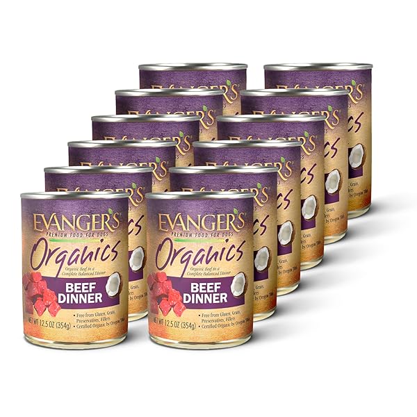 EVANGER’S ORGANICS BEEF DINNER FOR DOGS – 12 COUNT, 12.5 OZ EACH – QUALIFIED ORGANIC, GRAIN FREE, GMO FREE – NUTRIENT-DENSE RECIPE WITH ORGANIC VEGETABLES – WET DOG FOOD